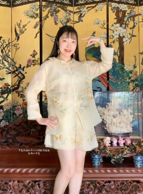 夏姿真丝欧根纱娃娃领短裤旗袍