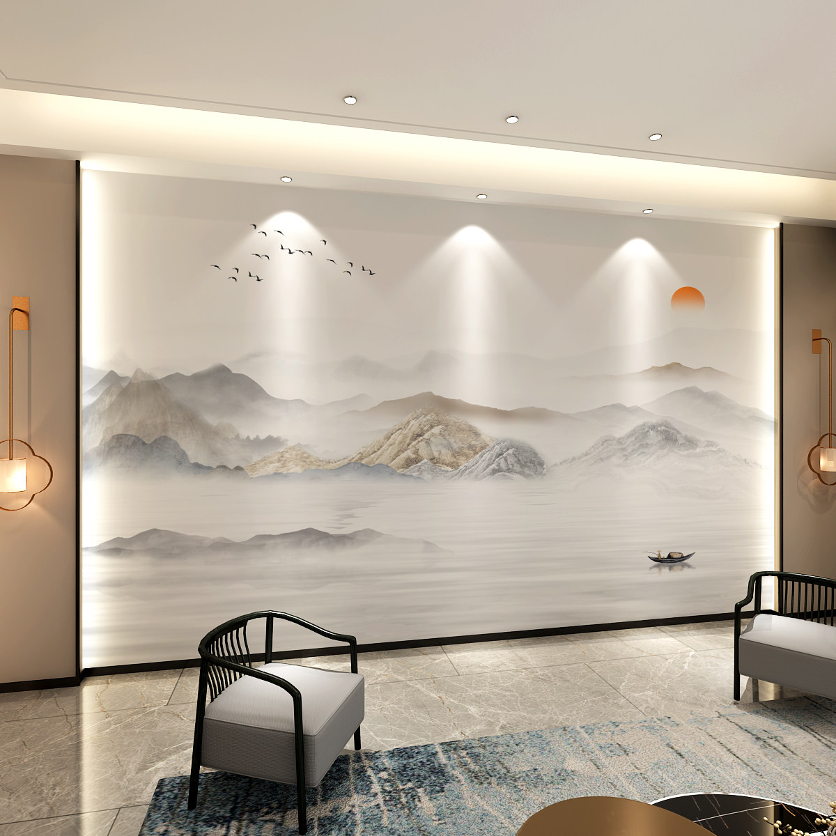 现代轻奢新中式水墨山水壁布客厅电视背景墙壁纸沙发影视壁画墙布