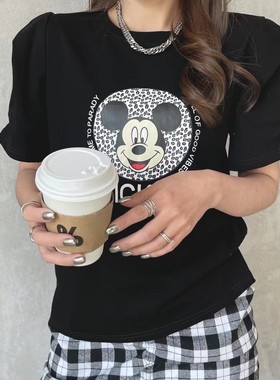 新款夏季个性T恤印花米奇黑色上衣韩版泡泡袖特色潮流短袖百搭女