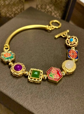 古法金弯管半镯半链烧蓝七彩多宝复古手链手镯
