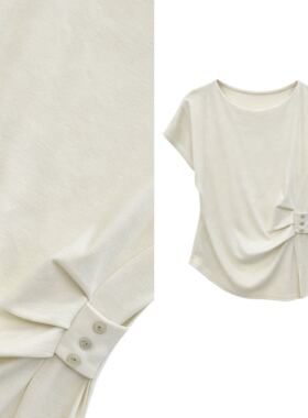 【玉米专享】一字领慵懒风褶皱收腰侧开叉设计显瘦短袖T恤4016