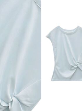 【小四专享】毛边短袖设计收腰不规则上衣406