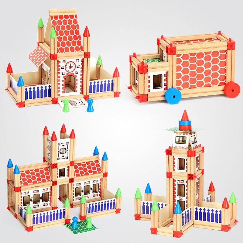 儿童拼插立体木质积木建筑搭建房屋盖房子玩具男女孩宝宝幼儿园