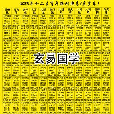 2023年虚岁表十二生肖属相年龄对照六十甲子纪年五行纳音塑封防水