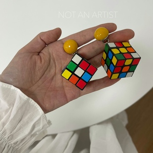 NOT ARTIST原创自制复古撞色马赛克魔方积木主题设计耳环