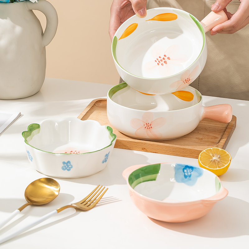 日式高颜值单柄碗沙拉碗家用陶瓷双耳小汤碗网红碗碟套装餐具组合