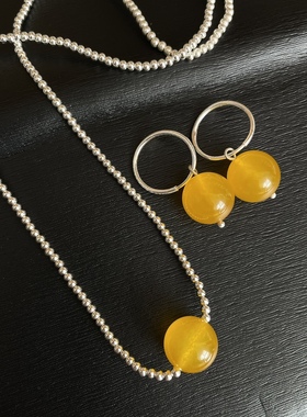 990足银黄玉髓简约项链14mm纯银黄玉髓耳坠银耳圈蒙古银饰藏饰品