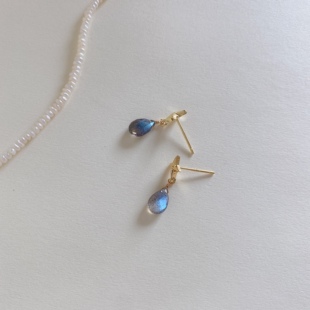 OPs神秘幽蓝天然灰月光拉长石水晶十字星银针耳钉气质小众耳环