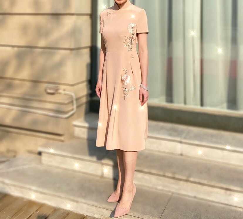 独家订制～轻中式重磅真丝典雅绣花连衣裙小礼服短袖及七分袖