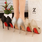 女浅口细跟亮片尖头性感反串男鞋 10cm工作高跟鞋 50码 特大码