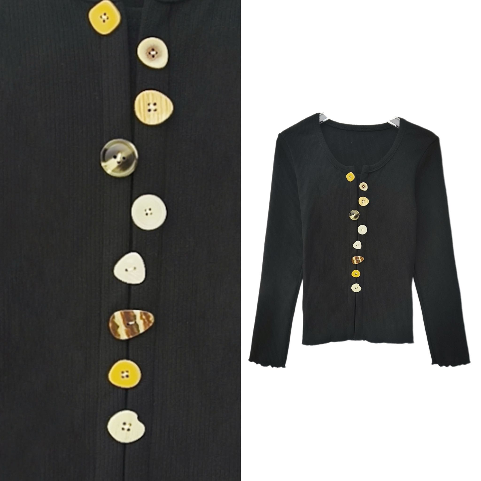 【玉米专享】韩系彩色纽扣圆领开叉针织开衫修身显瘦百搭上衣