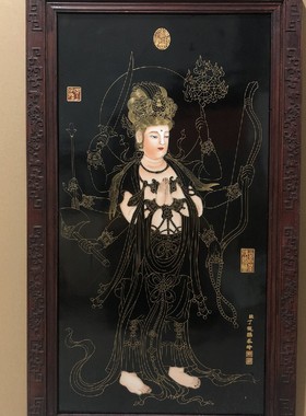 丁观鹏作品镶嵌瓷板画墙壁摆件