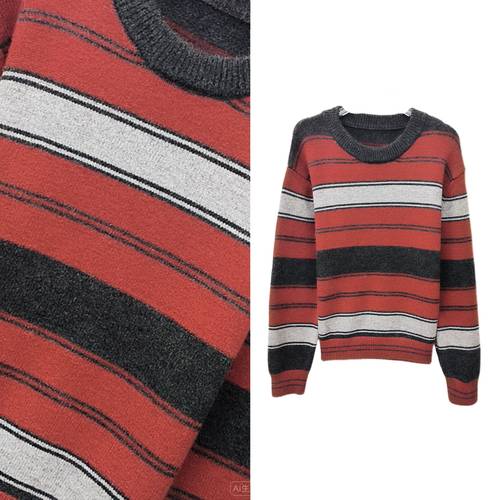 【玉米专享】加厚保暖复古条纹圆领针织衫女长袖宽松毛衣1217