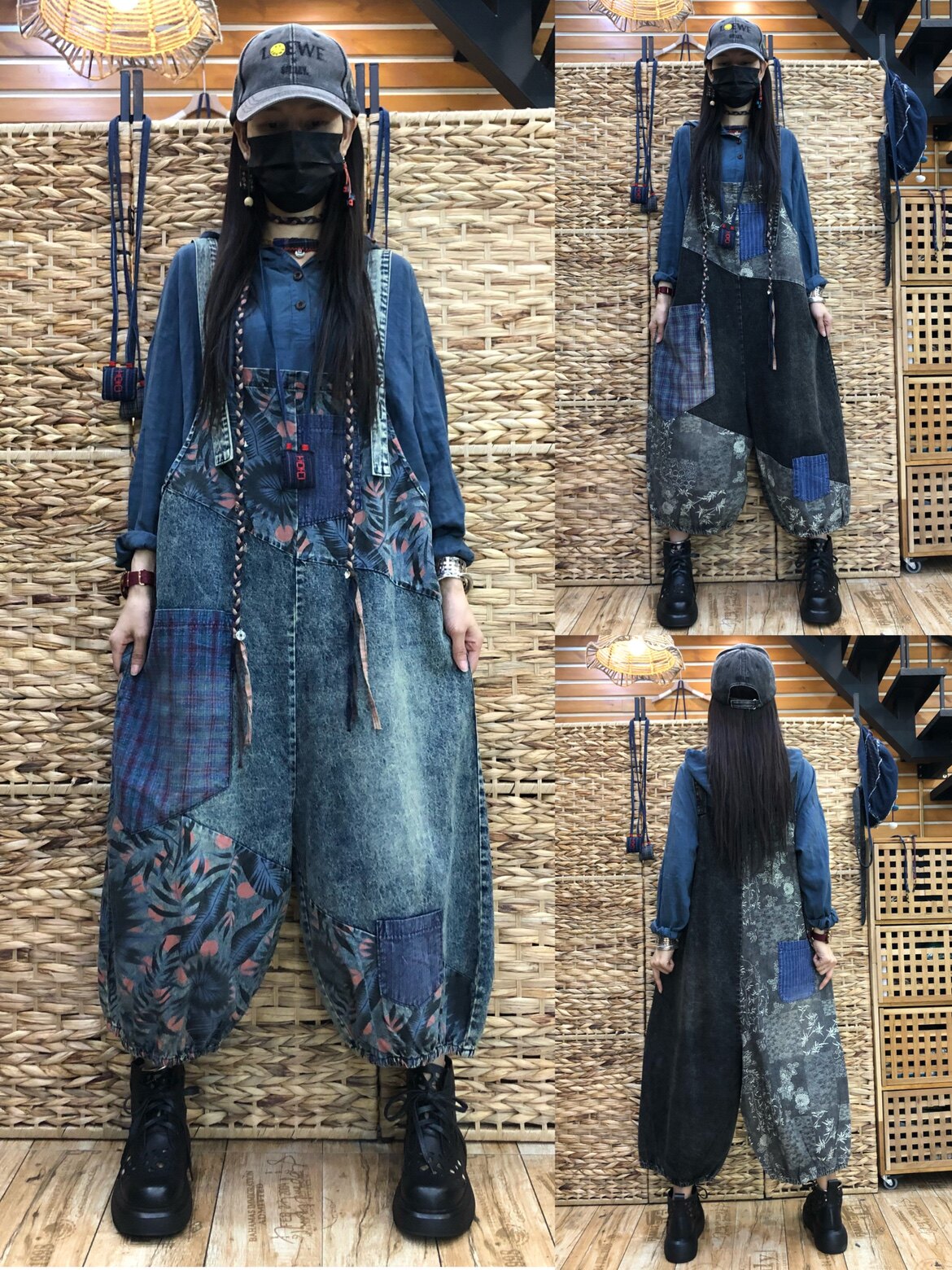 印花拼接牛仔背带裤女2022年春夏新款时尚大码宽松显瘦垮裤灯笼裤