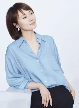 袁泉同款小众设计感浅蓝色桑蚕丝真丝衬衫简约宽松休闲长袖女衬衣