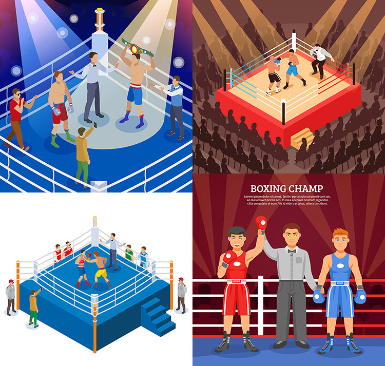 拳击擂台场景ai矢量图案 泰拳拳击手裁判武术台插画海报 设计素材