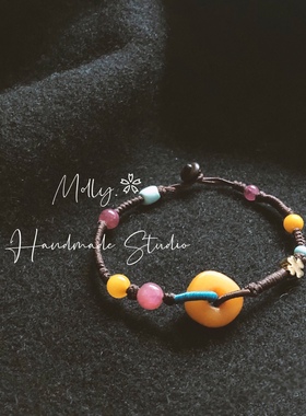 原创设计风老蜜蜡粉碧玺手绳