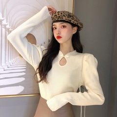 New solid color, versatile and hollow out Crew Neck Long Sleeve T-Shirt