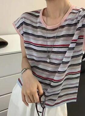爆米花专享～百搭宽松圆领条纹T恤女休闲上衣薄针织小衫6311