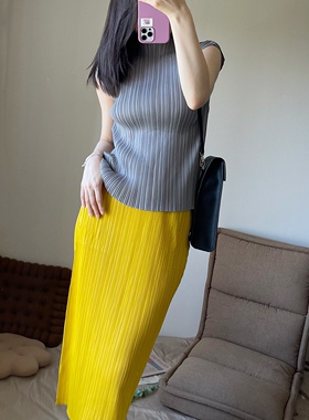 TVTV 褶皱高级灰色小飞袖背心上衣+褶皱芒果黄休闲直筒半身裙
