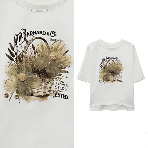 【小四专享】甜美卡其色立体花朵T短袖上衣