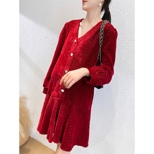 ◆雯雯家◆孕妇连衣裙春装红色亮丝新年裙子冬季小个子宽松孕妇裙