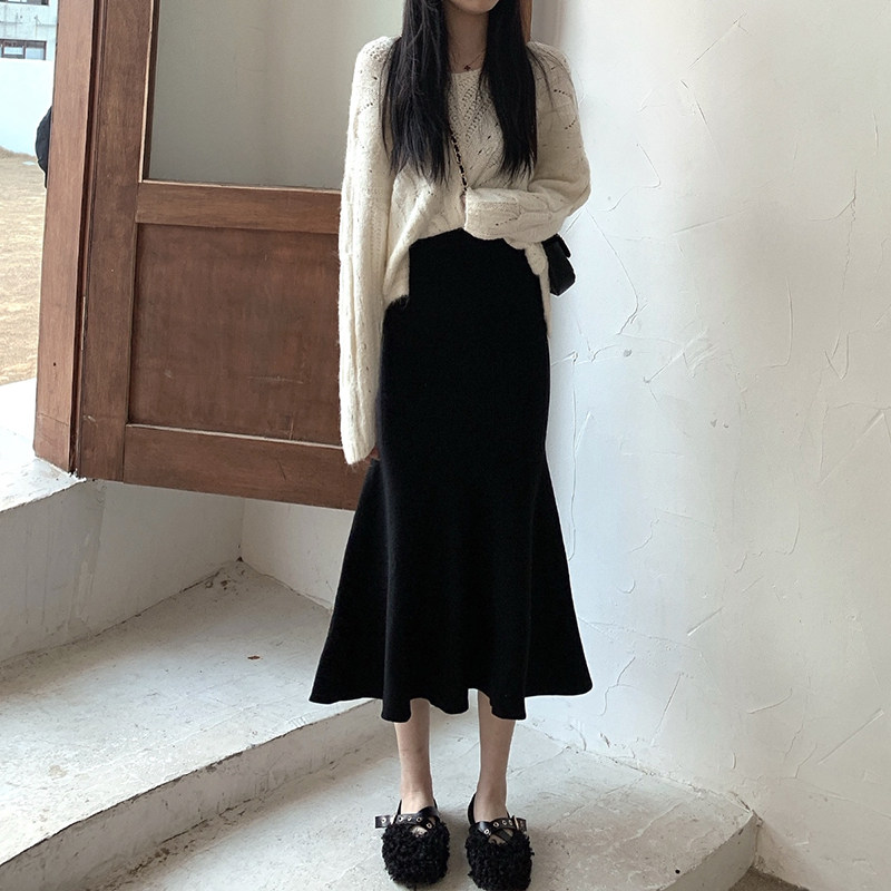 针织毛呢黑色鱼尾裙半身裙女冬季秋冬裙子长裙半裙冬裙冬天配毛衣