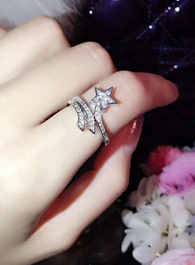 925纯银银色星星钻戒女五角星