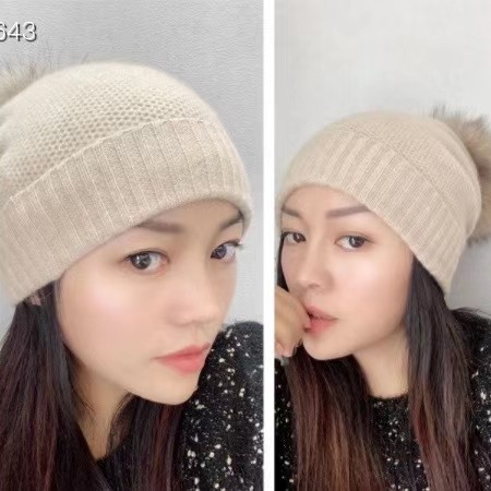 纯山羊绒针织帽子女士大狐狸毛球翻边百搭秋冬保暖透气柔软亲肤