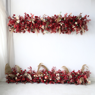 婚礼红色花艺组合舞台背景板套装 花艺布置干芦苇插花壁挂引路花排