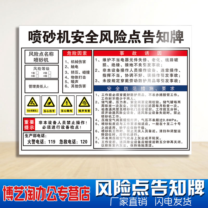 喷砂机安全风险点告知牌配电房工厂UV车间丝印环保伤害空压注塑