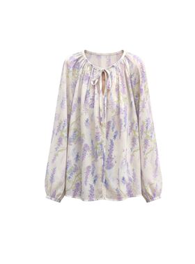 【小乐专享】仙气袅袅 领口系带圆领水彩风印花微上衣4012