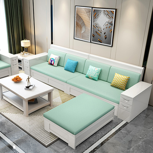 福春然全实木沙发白色高箱储物现代中式 冬夏两用转角3米客厅家具