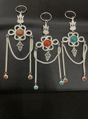 925纯银蒙古风手工胸挂蒙古元素吉祥结松石流苏蒙古袍胸挂挂坠女