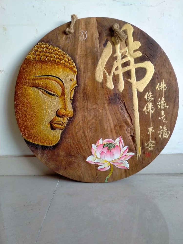 手绘复古怀旧老木头墙面装饰画佛头禅意玄关人物圆型无框画立体图片