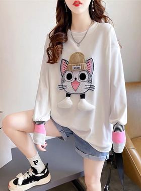 【小四专享】叠穿~ 加绒 ~粉色猫耳装饰拼接螺纹中长款T恤12.30