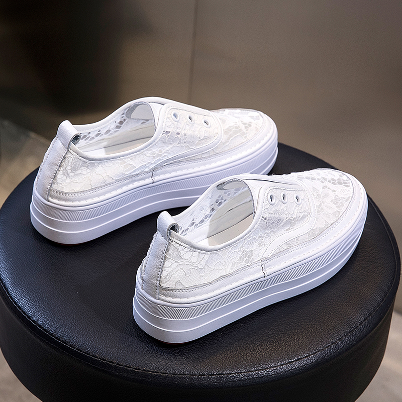 潮牌2023新款镂空小白鞋女真皮女鞋百搭网纱蕾丝厚底松糕鞋渔夫鞋