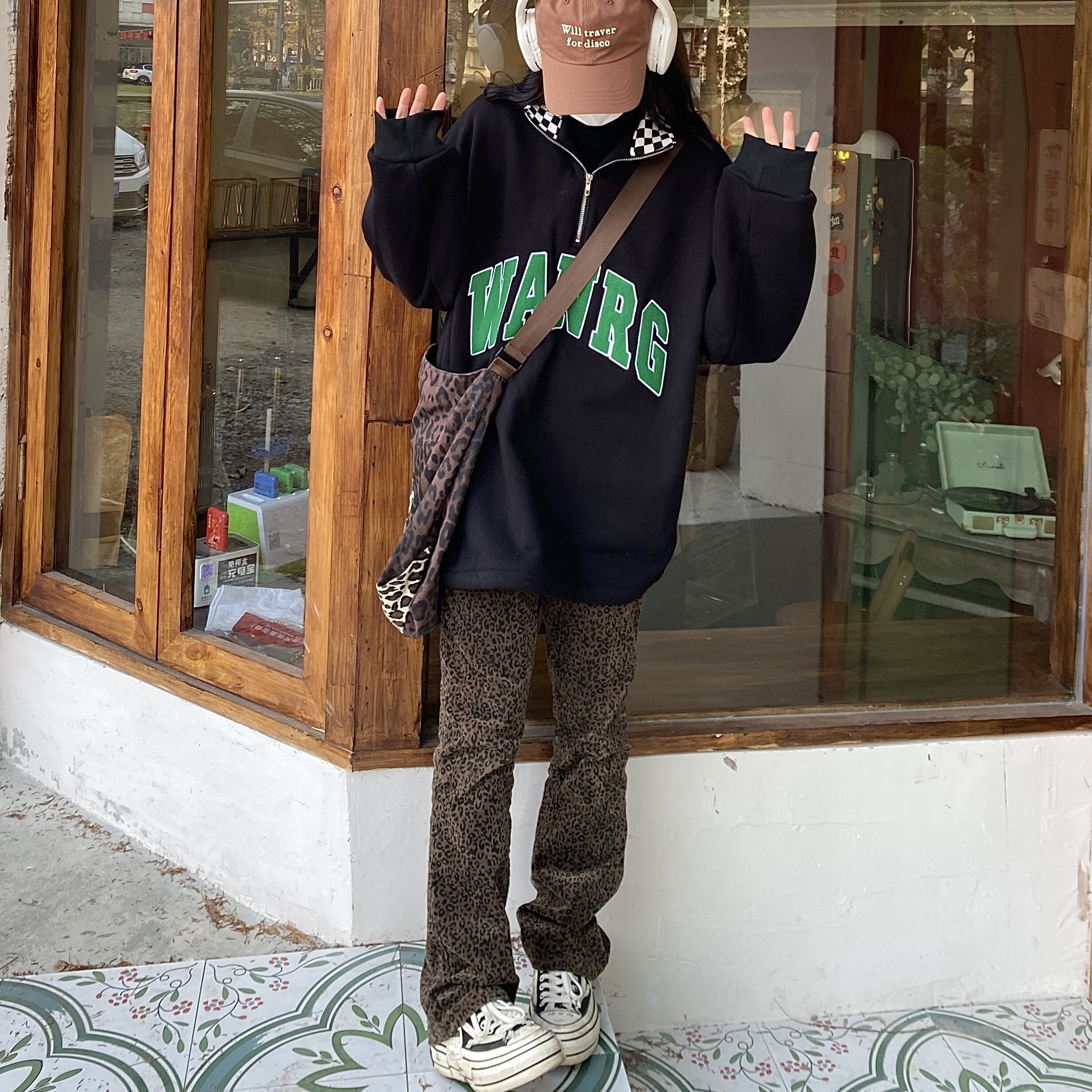 Takeoff咖喱人格子拼接字母卫衣宽松加绒街头男女学生百搭上衣ins