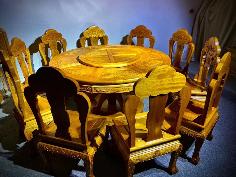 金丝楠木餐桌实木圆桌原木仿古中式客厅桌椅组合定制小叶楨楠家具