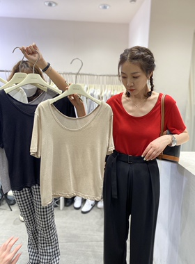 widelia十三行韩国老板娘U领面膜短袖T恤女2021百搭夏季新款7308