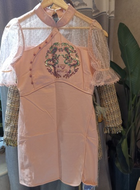 海焰xing网纱拼接旗袍开叉款连衣裙m码孤品