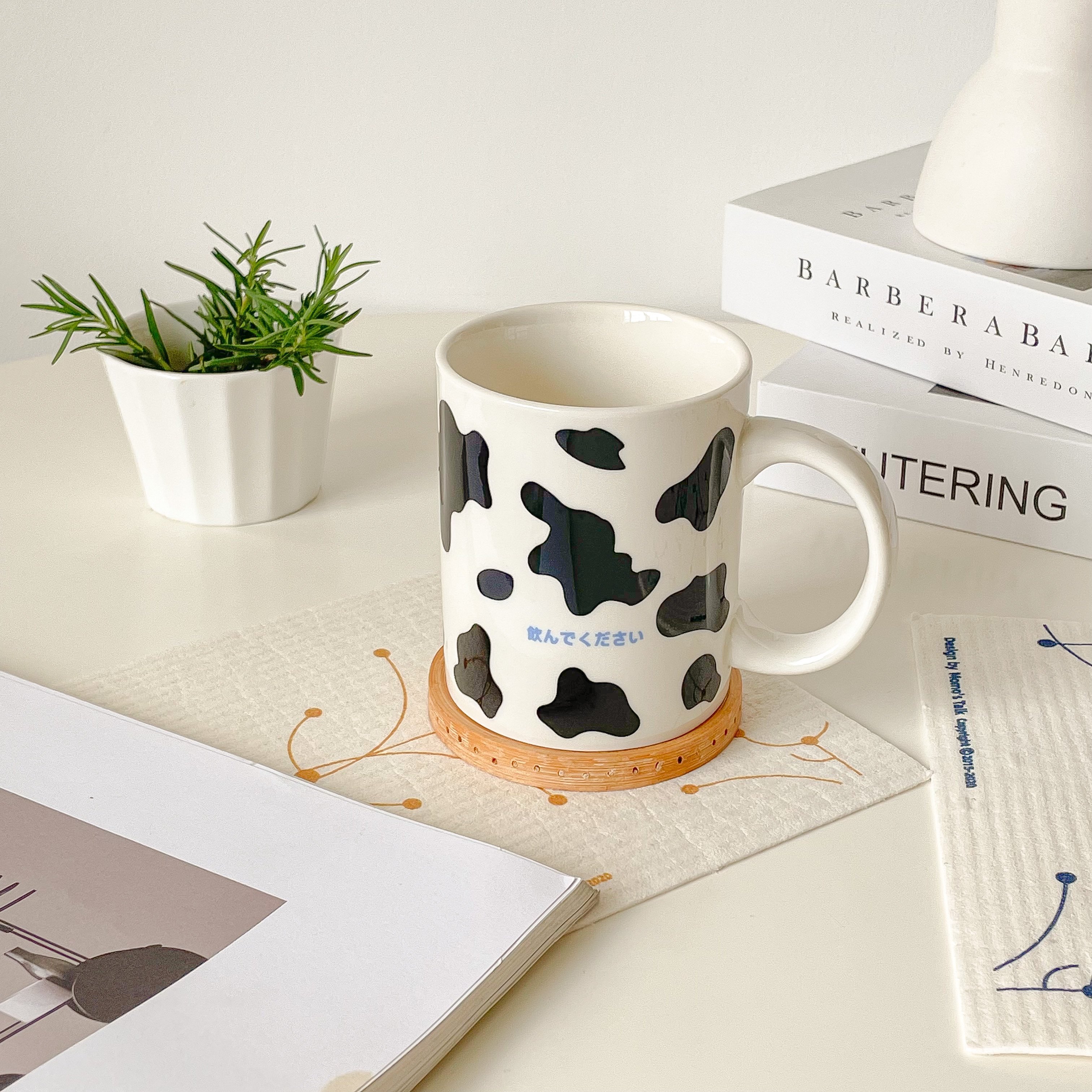 创意可爱奶牛纹马克杯 家居带盖勺早餐牛奶杯 情侣陶瓷咖啡杯子女