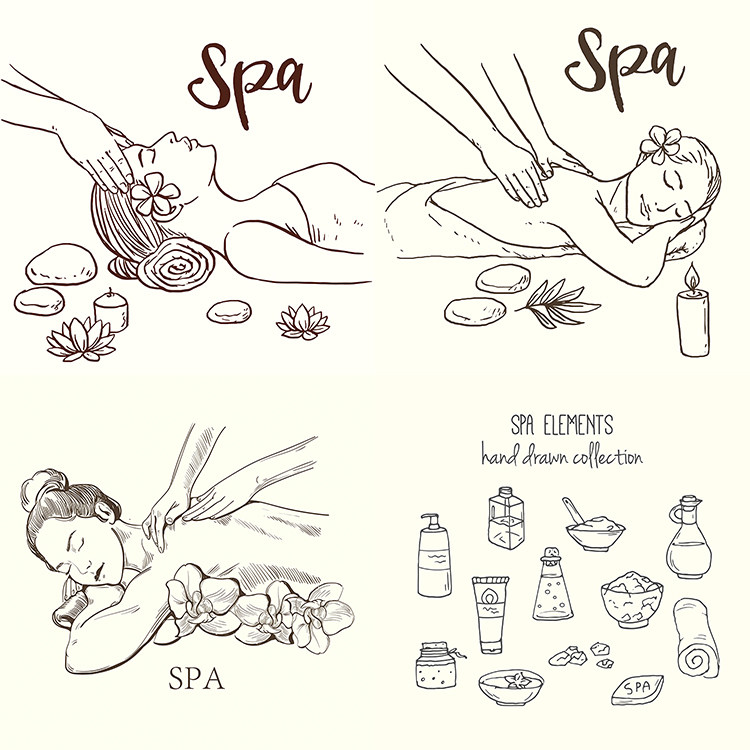 手绘spaai矢量图案 线描身体护理保养按摩养生元素插画 设计素材