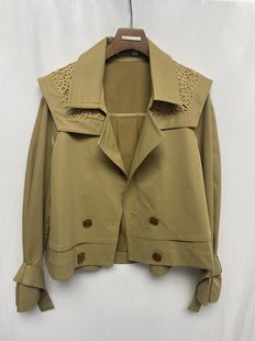 卡其色蕾丝拼接短款风衣+百褶裙套装 复古学院风两件套