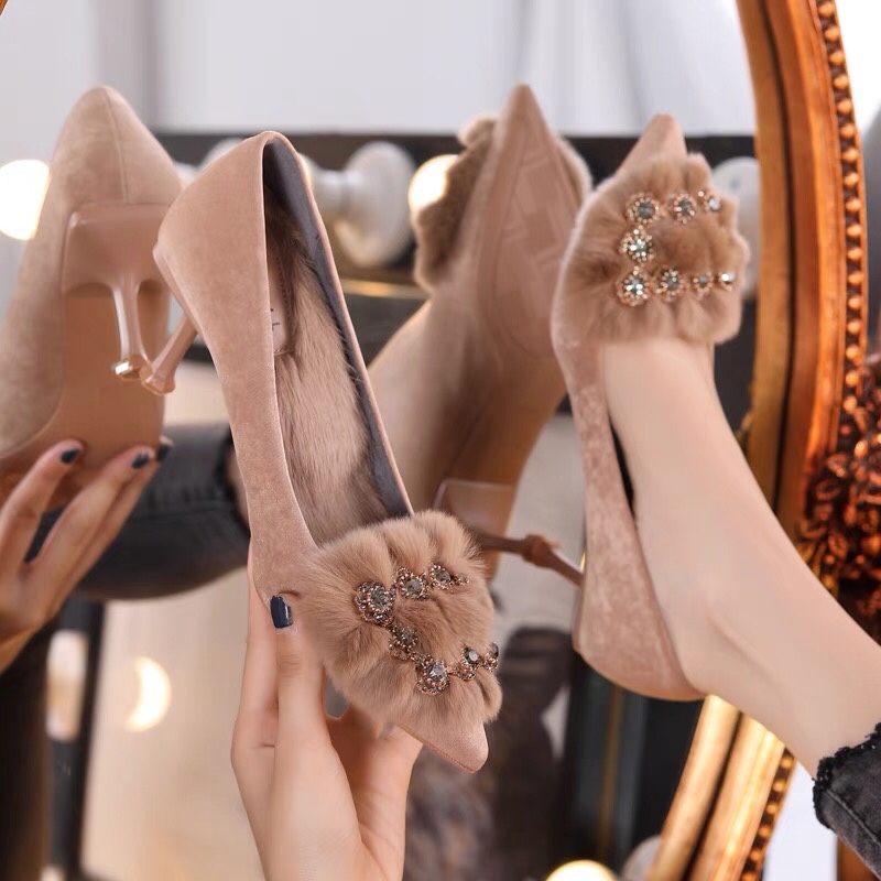 网红设计感小众细跟外穿毛毛鞋