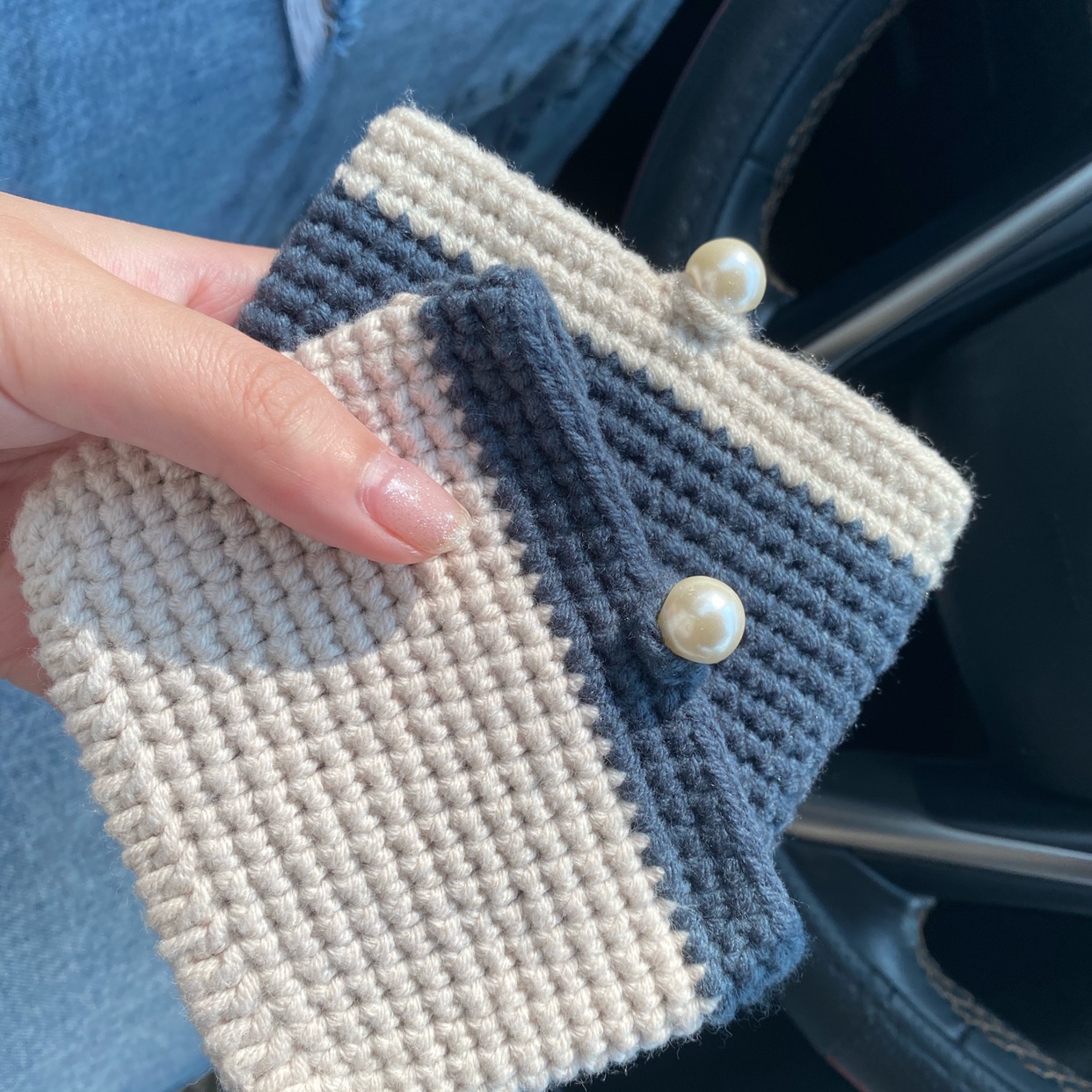 diy蛋糕手作珍珠简约毛线卡包