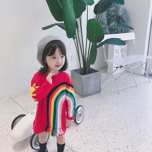 秋冬宝宝小童女童红色彩虹毛衣裙