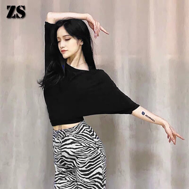 ZS拉丁舞一字领露肩练功舞蹈服女多种穿法连衣裙宽松上衣裙 y147