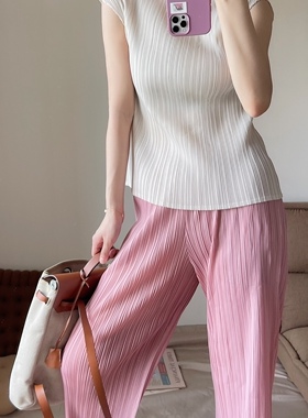 TVTV 初恋套装～褶皱小飞袖纯白上衣+樱花粉直筒休闲风琴裤