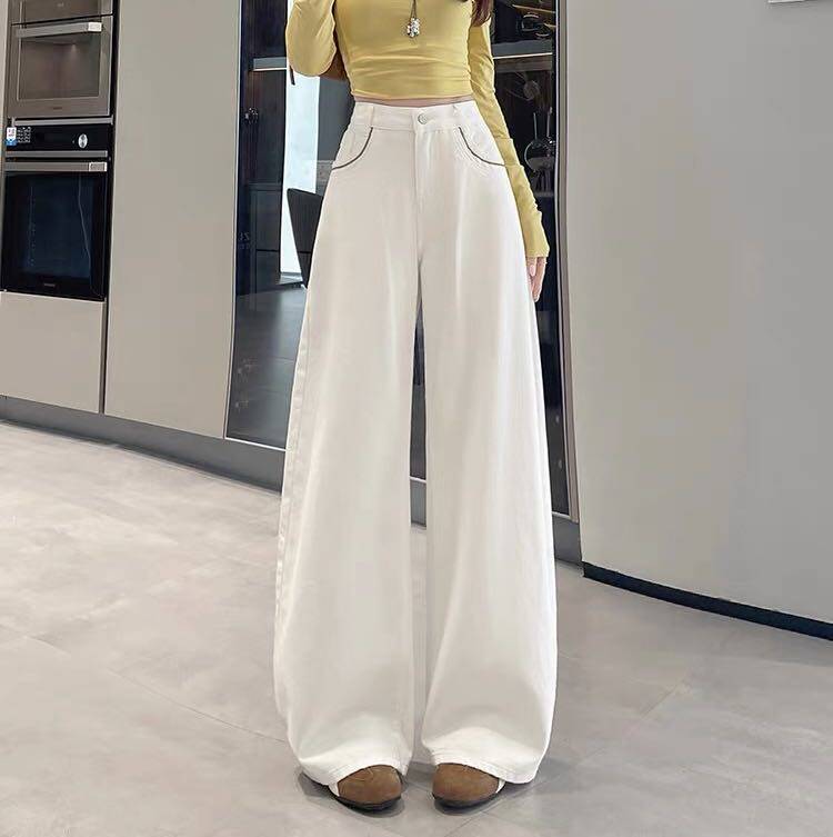 【小田tia专享】白牛 刺绣阔腿牛仔裤~显瘦高腰牛仔休闲裤